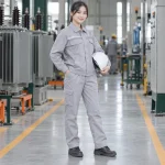 Quần áo điện lực vải cotton pha màu ghi sáng dài tay túi hộp