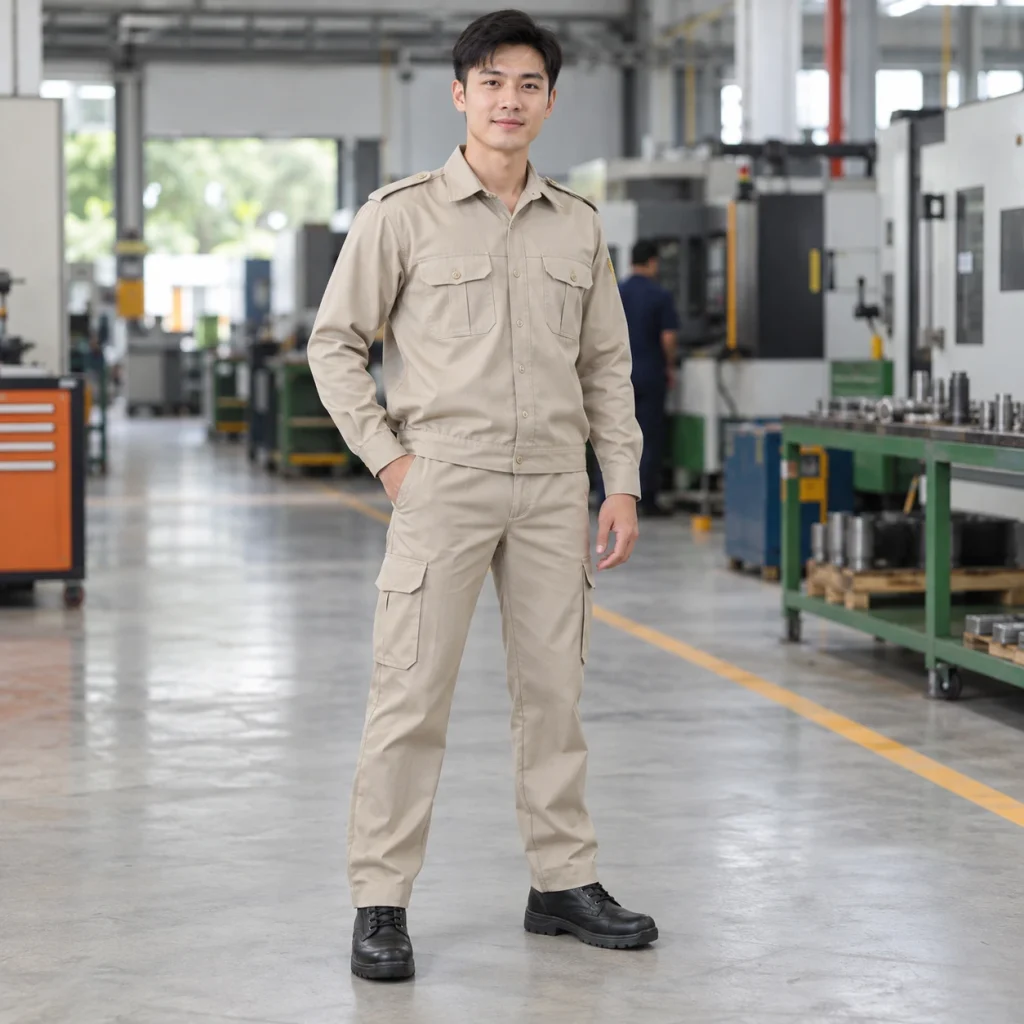 Đồng phục bảo vệ vải canvas mềm màu be dài tay túi hộp