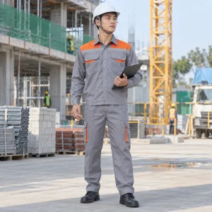 Đồng phục bảo vệ vải kaki liên doanh màu ghi phối cam dài tay túi hộp