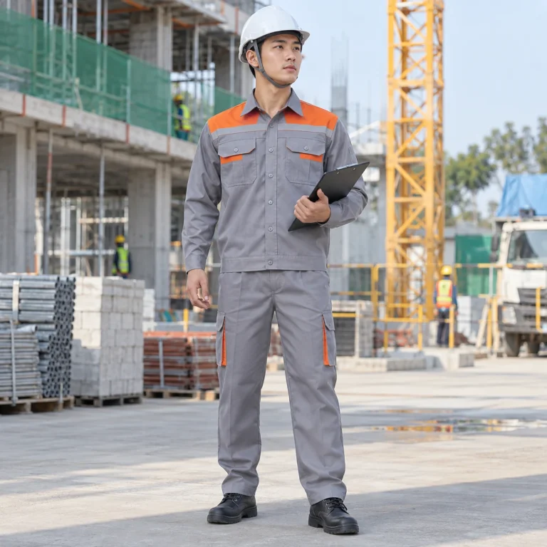 Đồng phục bảo vệ vải kaki liên doanh màu ghi phối cam dài tay túi hộp