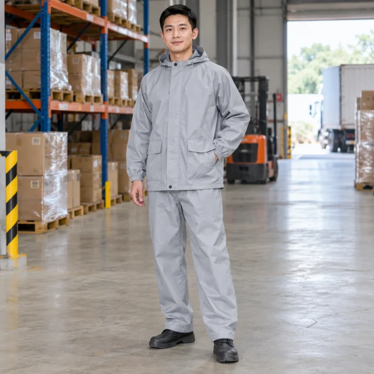 Bộ quần áo mưa vải canvas mềm màu ghi sáng dài tay túi hộp