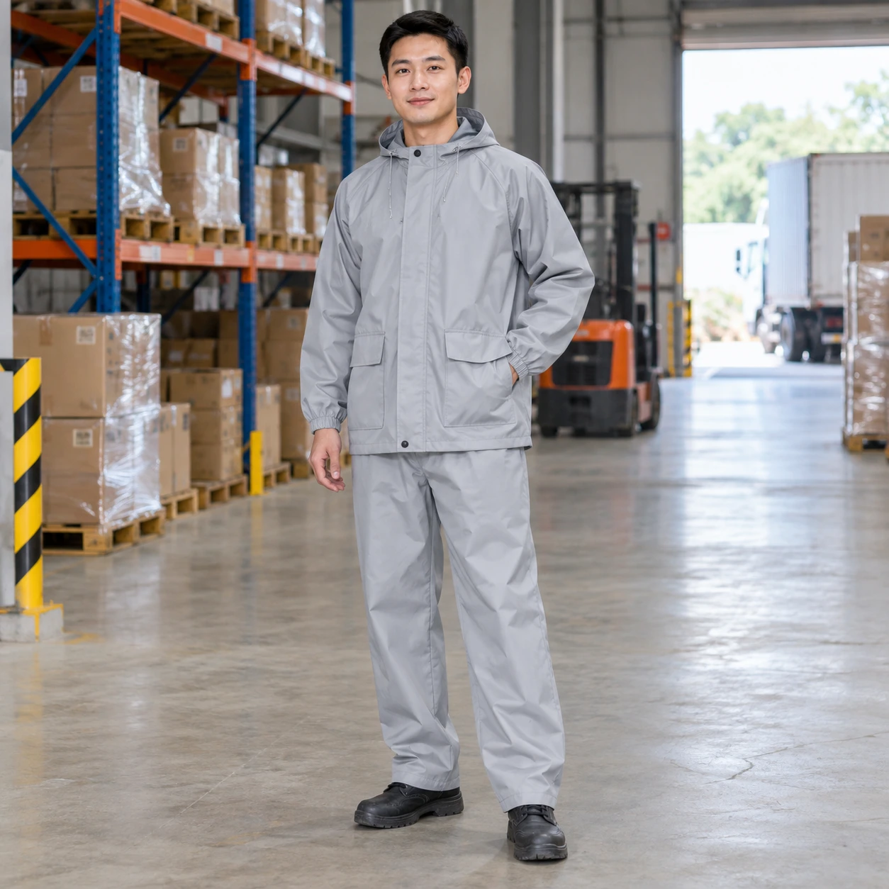 Bộ quần áo mưa vải canvas mềm màu ghi sáng dài tay túi hộp