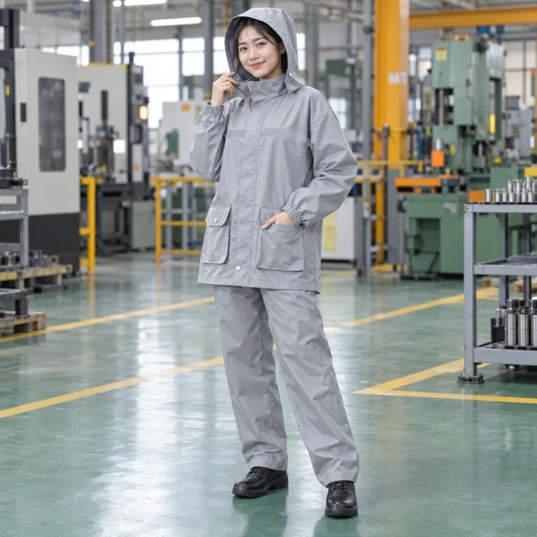 Bộ quần áo mưa vải cotton pha màu ghi sáng dài tay túi hộp
