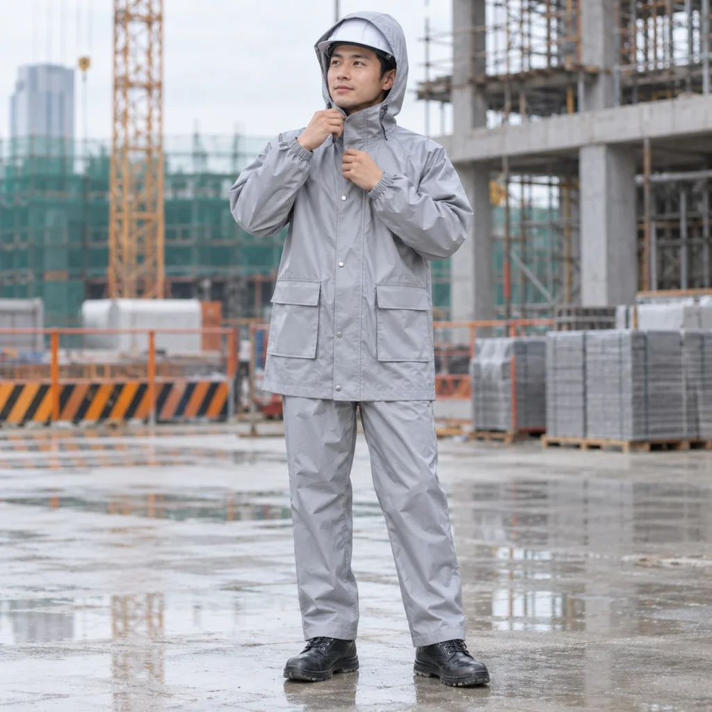 Bộ quần áo mưa vải chéo bền màu màu ghi sáng dài tay túi hộp