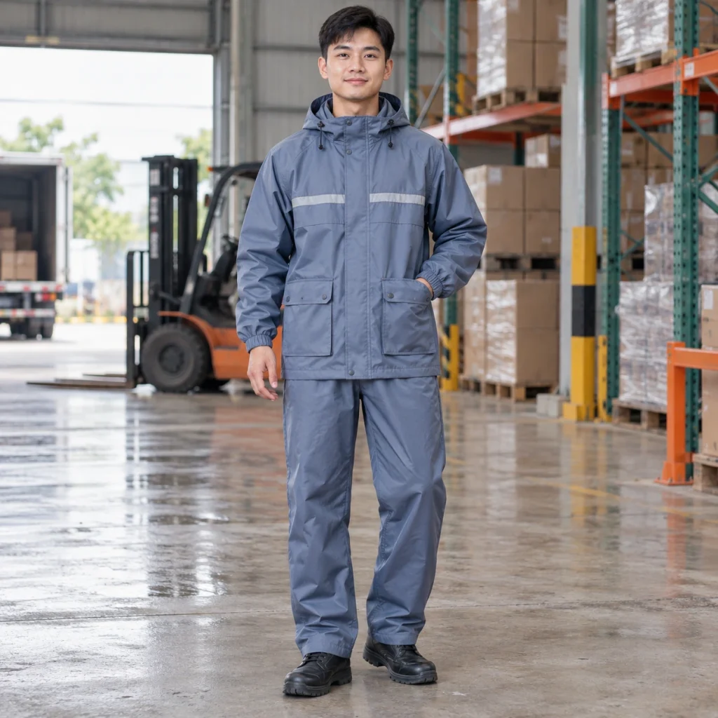 Bộ quần áo mưa vải cotton pha màu xanh ghi dài tay túi hộp