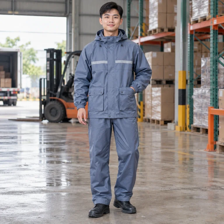 Bộ quần áo mưa vải cotton pha màu xanh ghi dài tay túi hộp