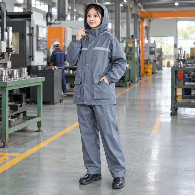 Bộ quần áo mưa vải chéo bền màu màu xanh ghi dài tay túi hộp