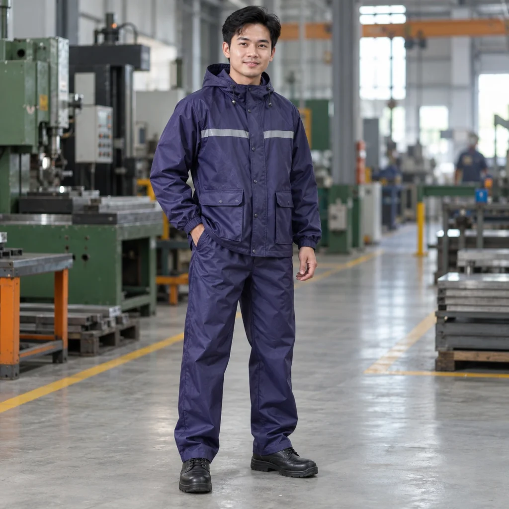 Bộ quần áo mưa vải canvas mềm màu tím than dài tay túi hộp