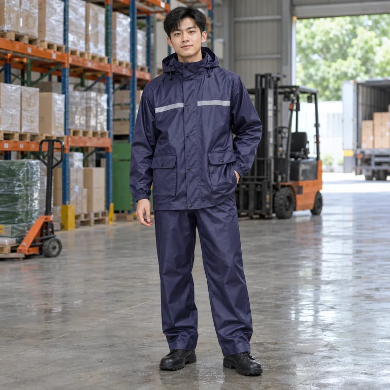 Bộ quần áo mưa vải chéo bền màu màu tím than dài tay túi hộp