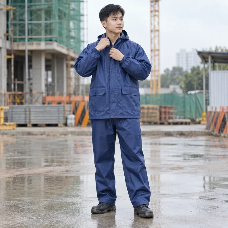 Bộ quần áo mưa vải kaki liên doanh màu xanh biển dài tay túi hộp