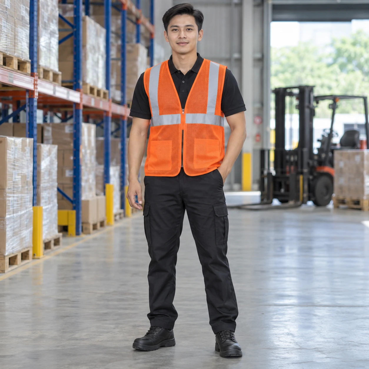 Áo gile phản quang lưới mắt nhỏ màu cam khóa kéo trước