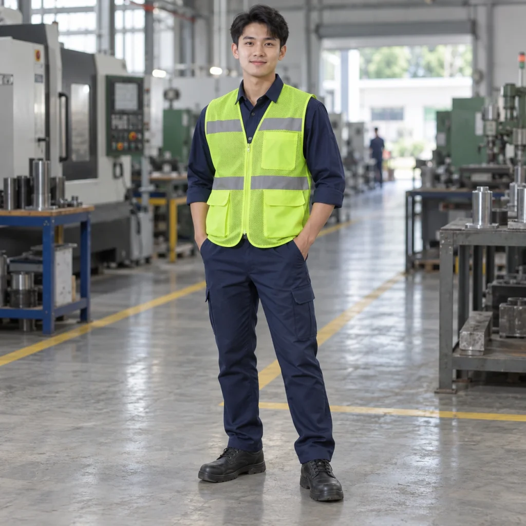 Áo gile phản quang lưới mắt nhỏ màu xanh chuối khóa kéo trước