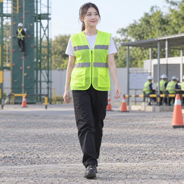 Áo gile phản quang lưới mắt lớn màu xanh chuối khóa kéo trước