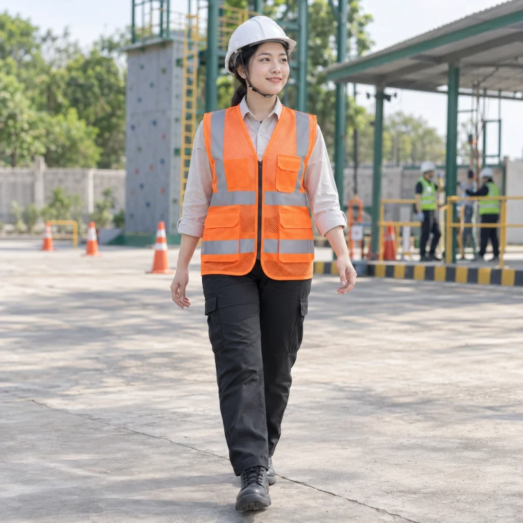 Áo phản quang kỹ sư lưới mắt lớn màu cam khóa kéo trước