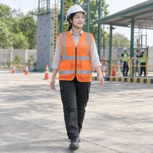 Áo phản quang kỹ sư lưới mắt lớn màu cam khóa kéo trước