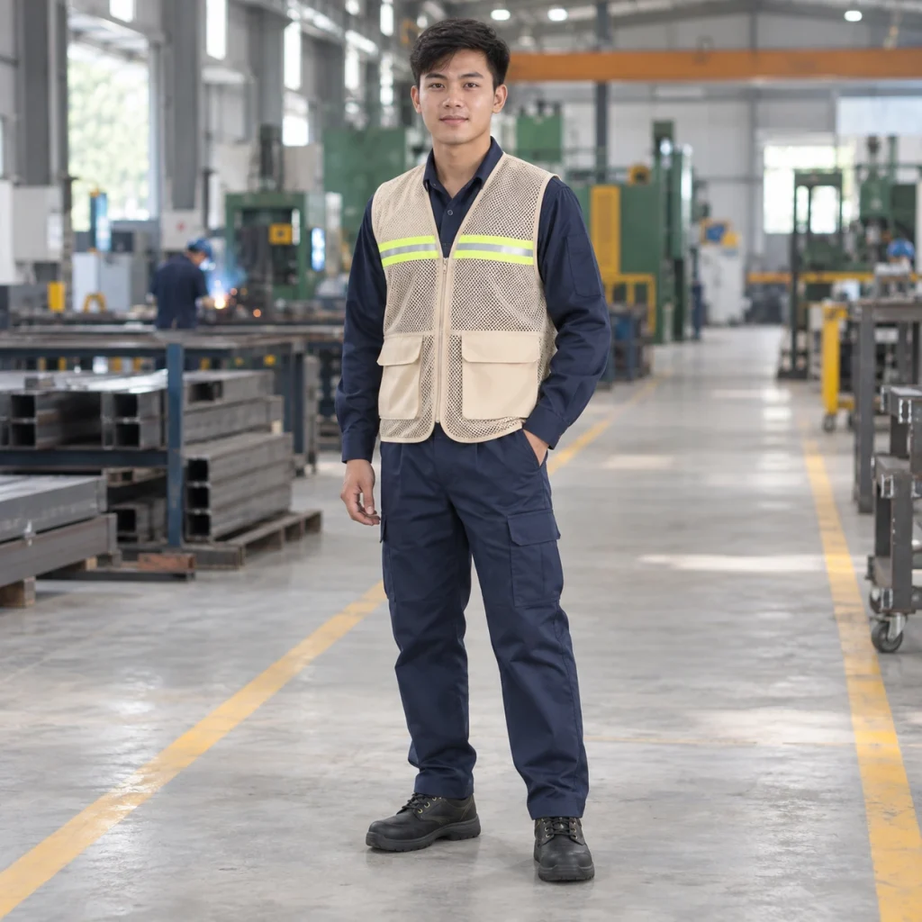 Áo lưới phản quang lưới mắt lớn màu be khóa kéo trước