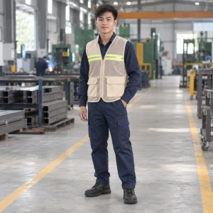 Áo lưới phản quang lưới mắt lớn màu be khóa kéo trước
