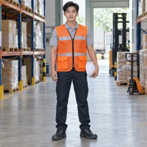 Áo gile bảo hộ lưới mắt lớn màu cam khóa kéo trước