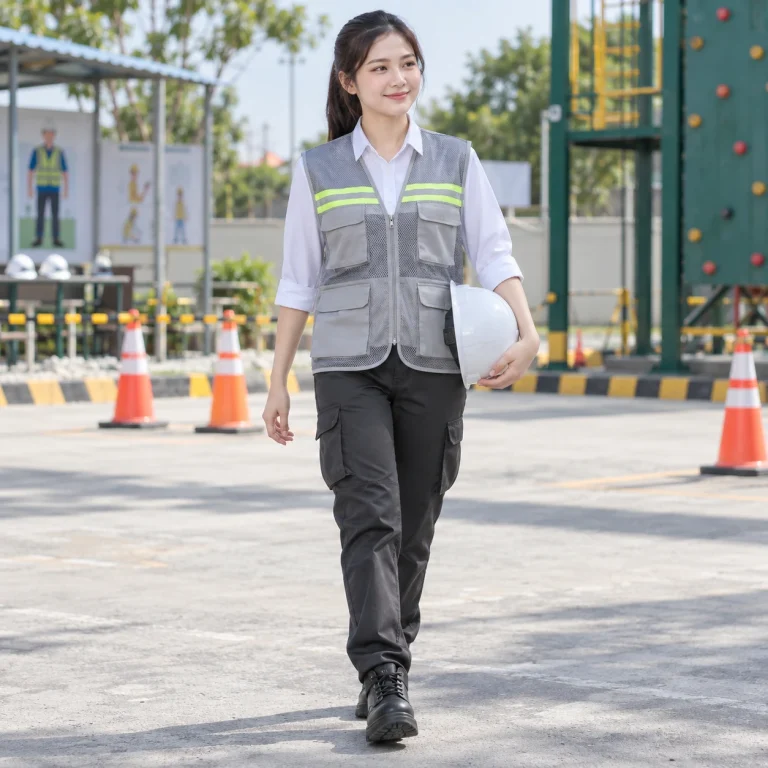 Áo gile bảo hộ lưới polyester màu ghi khóa kéo trước
