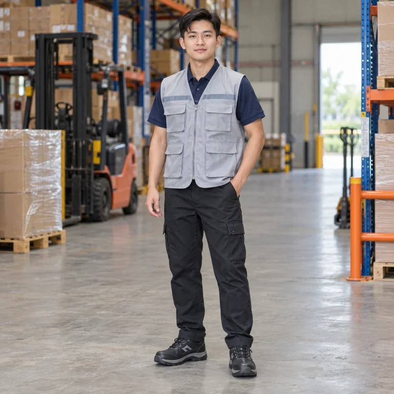 Áo gile bảo hộ vải gió nhẹ màu ghi khóa kéo trước