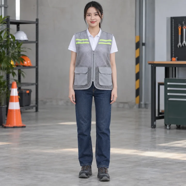 Áo gile bảo hộ lưới mắt lớn màu ghi khóa kéo trước