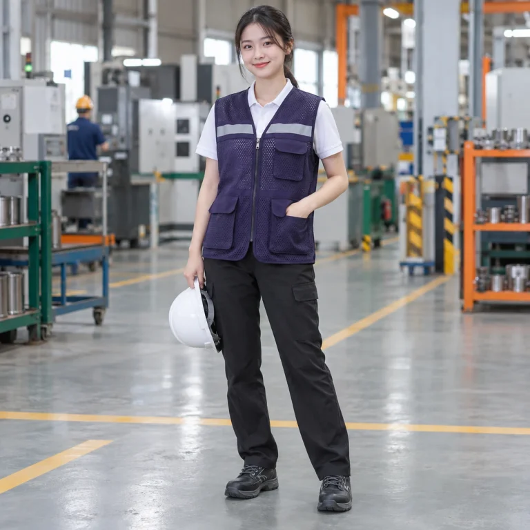 Áo gile bảo hộ lưới mắt nhỏ màu tím than khóa kéo trước