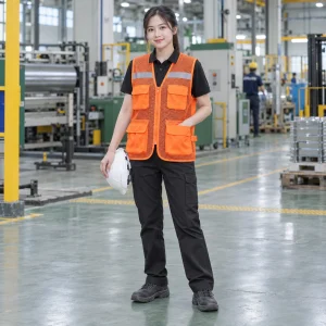 Áo gile túi hộp lưới mắt lớn màu cam khóa kéo trước