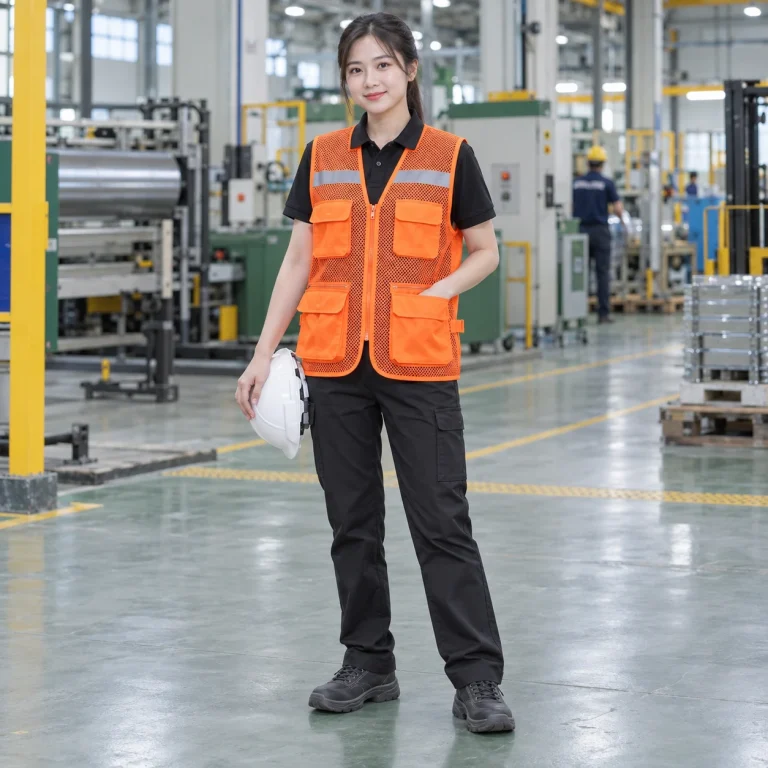 Áo gile túi hộp lưới mắt lớn màu cam khóa kéo trước