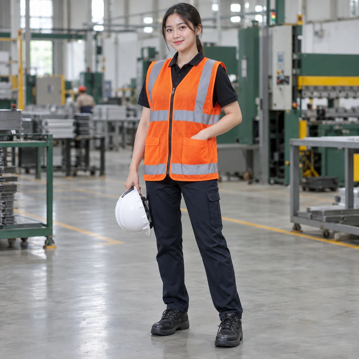 Áo phản quang dải bạc lưới mắt lớn màu cam khóa kéo trước