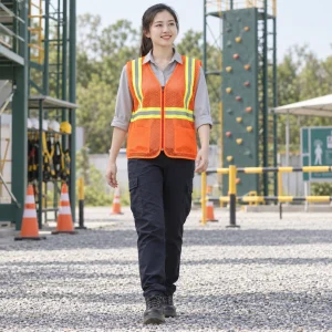 Áo phản quang dây lưới mắt lớn màu cam khóa kéo trước