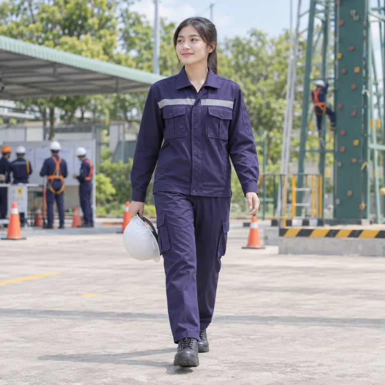 Áo bảo hộ kỹ sư cotton pha thoáng khí màu tím than dài tay túi hộp
