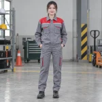 Áo bảo hộ kỹ sư cotton pha thoáng khí màu ghi phối đỏ dài tay túi hộp