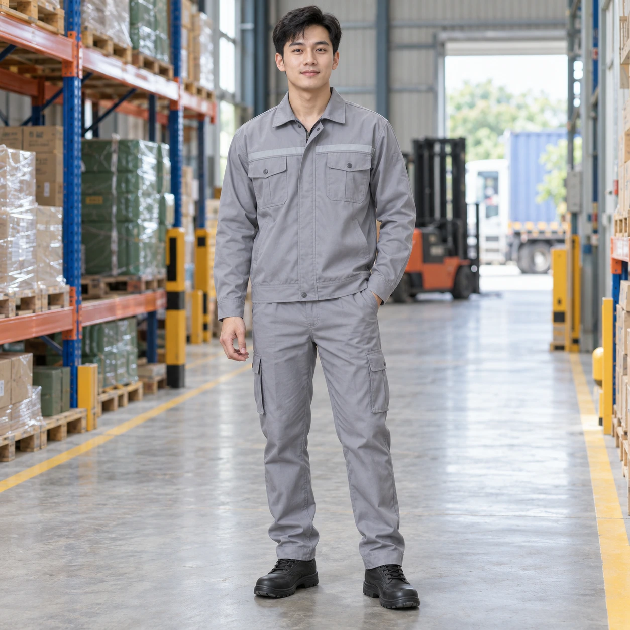 Áo bảo hộ công nhân cotton pha thoáng khí màu ghi dài tay túi hộp