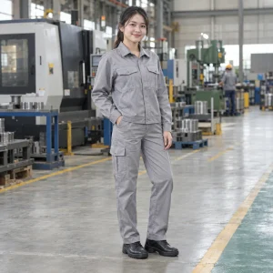 Áo bảo hộ công nhân vải trần bông màu ghi dài tay túi hộp