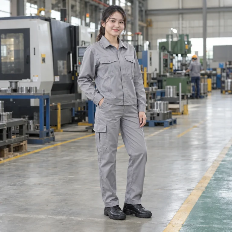 Áo bảo hộ công nhân vải trần bông màu ghi dài tay túi hộp