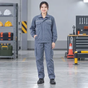 Áo bảo hộ công nhân vải gió chống bụi màu xanh ghi dài tay túi hộp