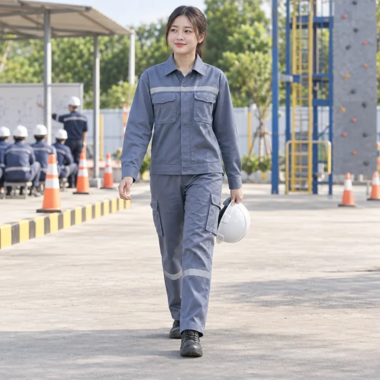 Áo bảo hộ công nhân cotton pha thoáng khí màu xanh ghi dài tay túi hộp