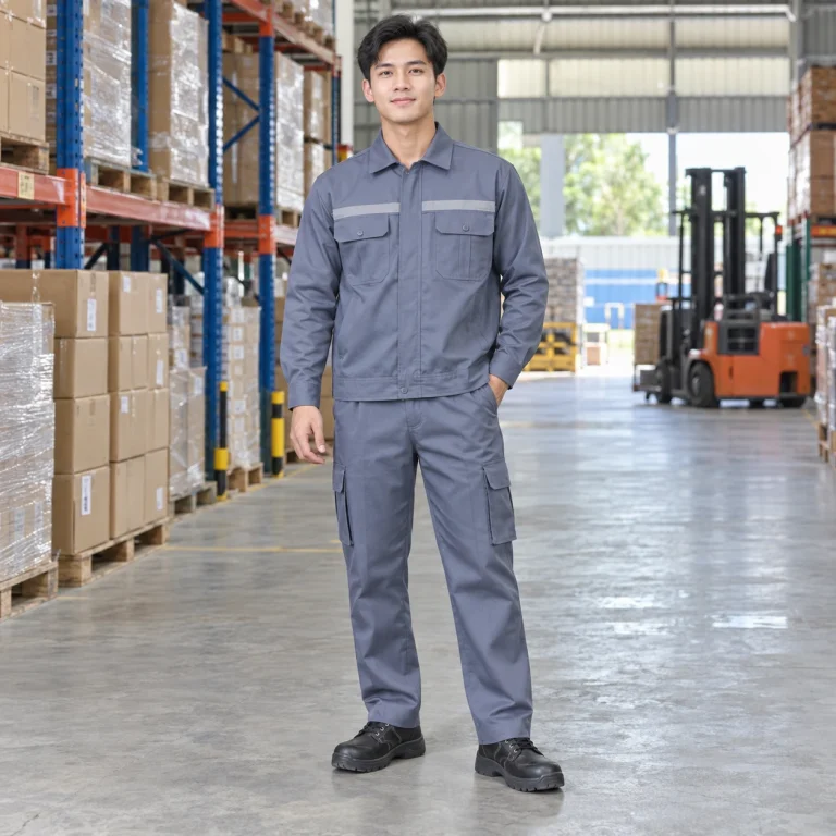 Áo bảo hộ công nhân vải trần bông màu xanh ghi dài tay túi hộp