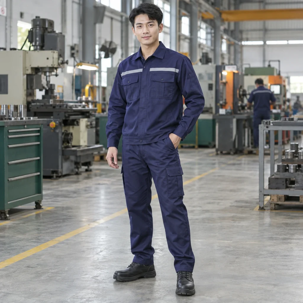 Áo bảo hộ công nhân cotton pha thoáng khí màu tím than dài tay túi hộp