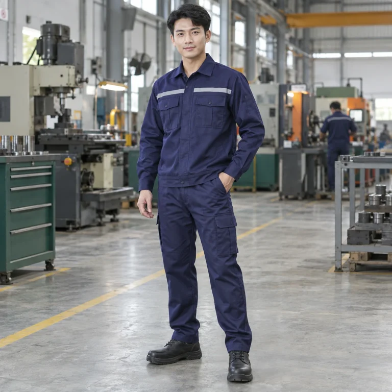 Áo bảo hộ công nhân cotton pha thoáng khí màu tím than dài tay túi hộp
