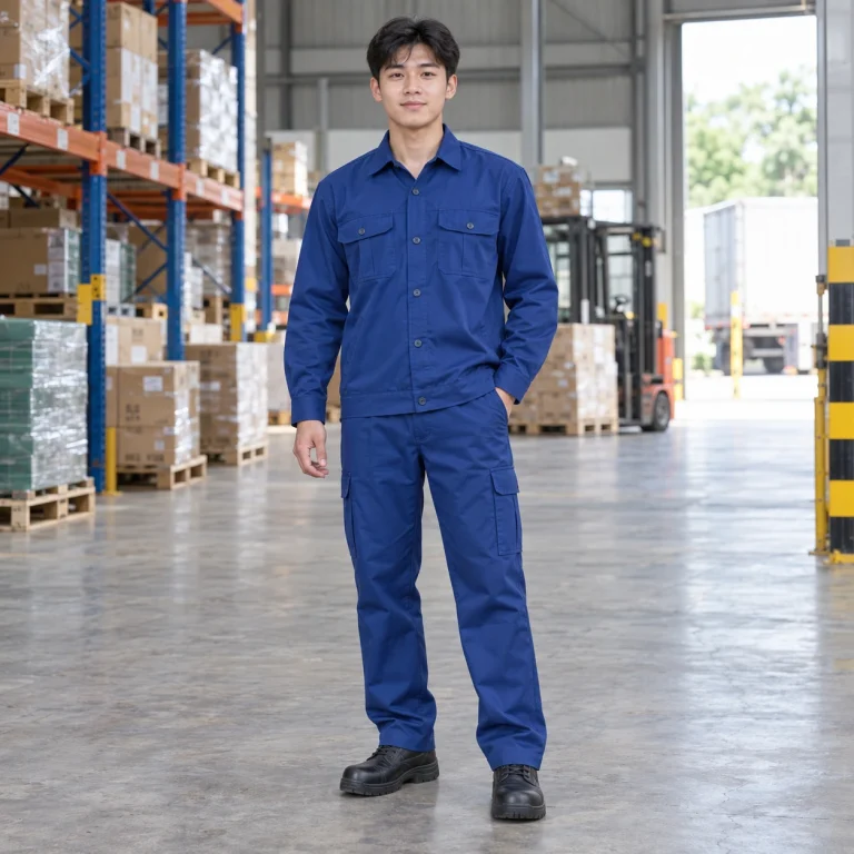 Áo bảo hộ công nhân vải kaki cotton màu xanh biển dài tay túi hộp