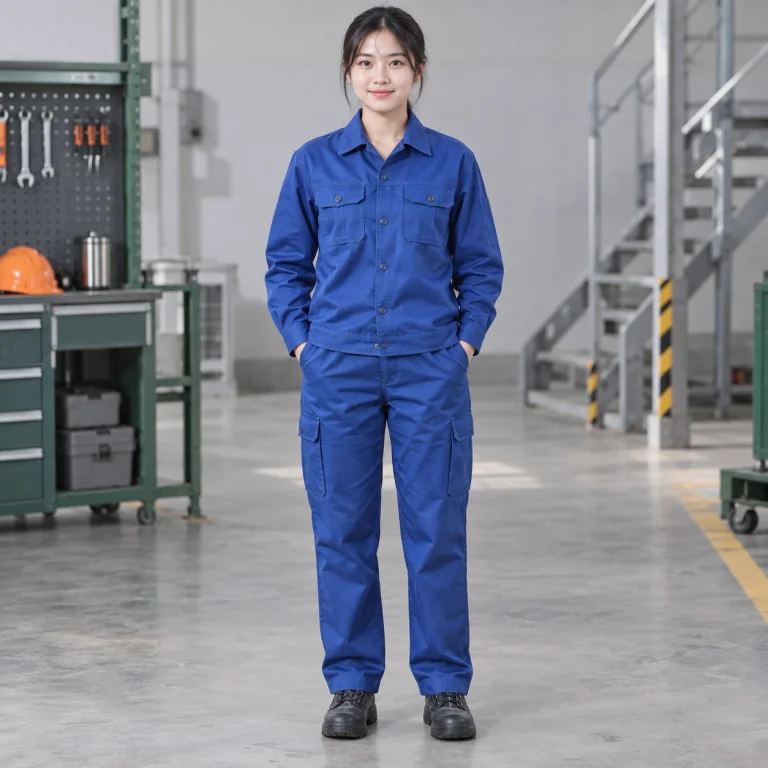 Áo bảo hộ công nhân cotton pha thoáng khí màu xanh biển dài tay túi hộp