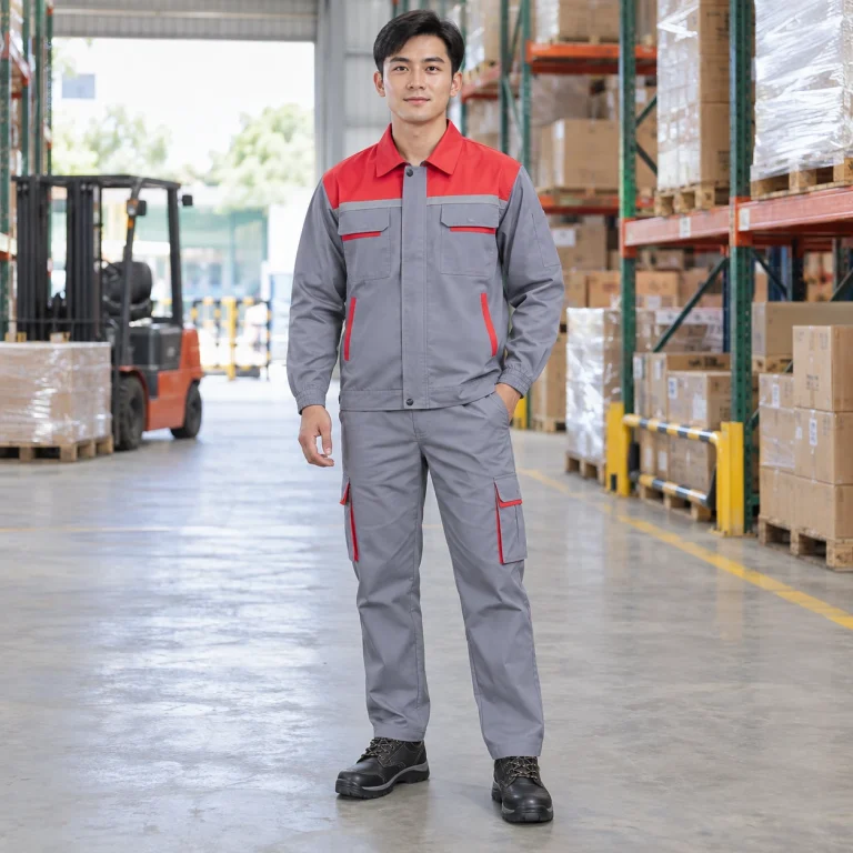 Áo bảo hộ công nhân vải gió chống bụi màu ghi phối đỏ dài tay túi hộp