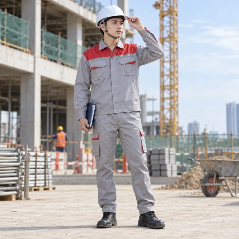 Áo bảo hộ công nhân cotton pha thoáng khí màu ghi phối đỏ dài tay túi hộp