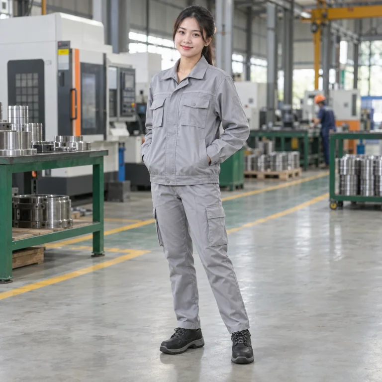 Áo khoác bảo hộ cotton pha thoáng khí màu ghi dài tay túi hộp