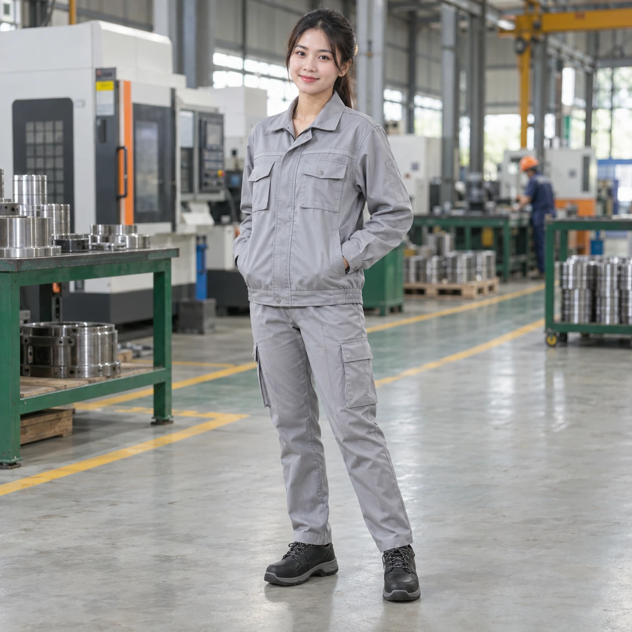 Áo khoác bảo hộ cotton pha thoáng khí màu ghi dài tay túi hộp